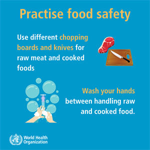 use different chopping boards and knives for raw meats and cooked foods