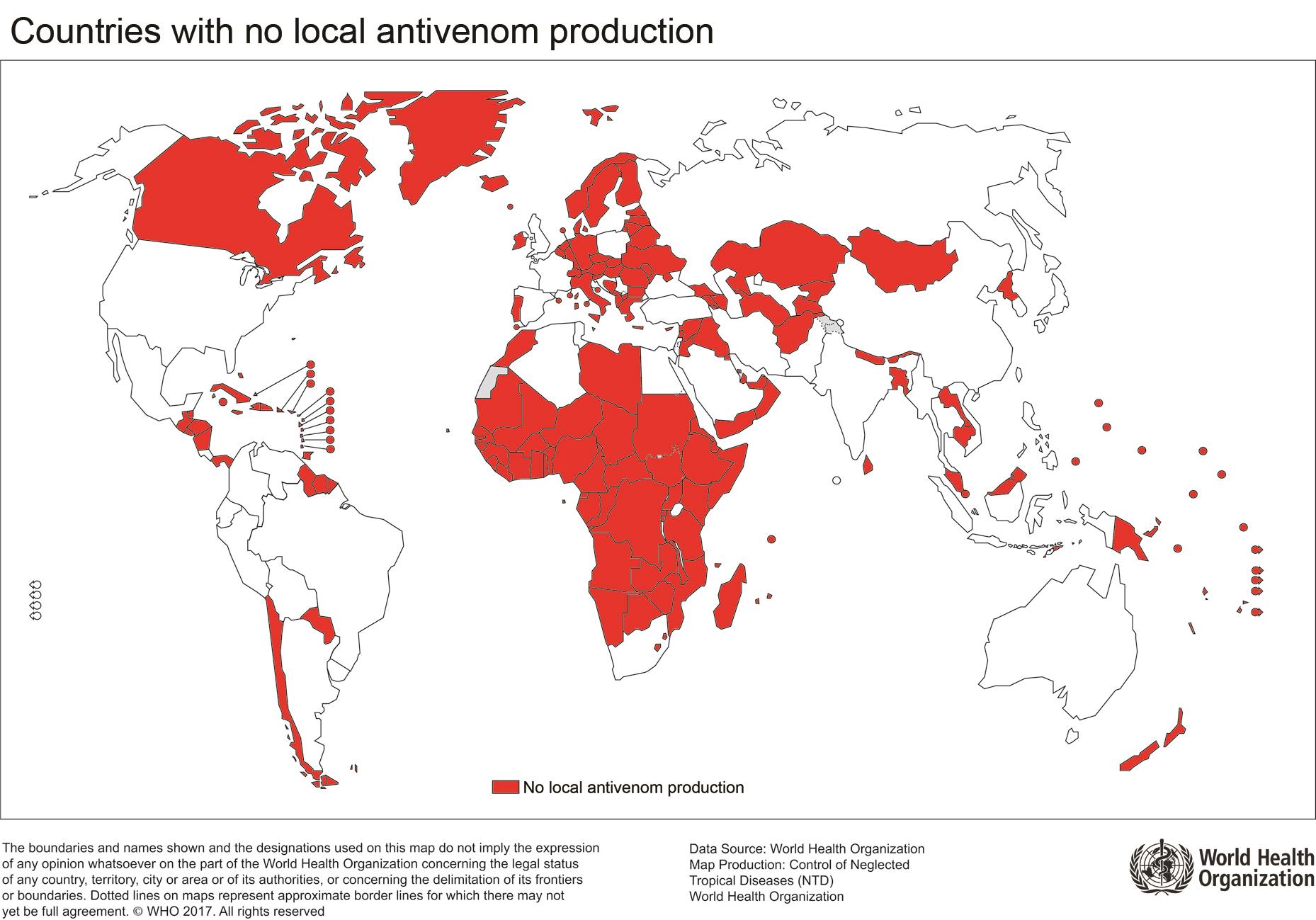 Map showing countries that do not have local antivenom production