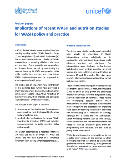 Implications of recent WASH and nutrition studies for WASH policy and practice