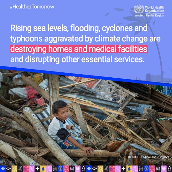 Child sitting in the ruins of his home due to extreme weather caused by climate change