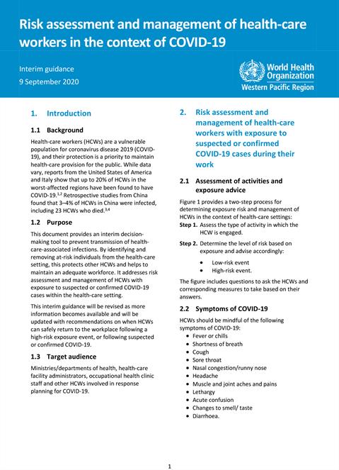 Risk assessment and management of healthcare workers in the context of COVID-19 
